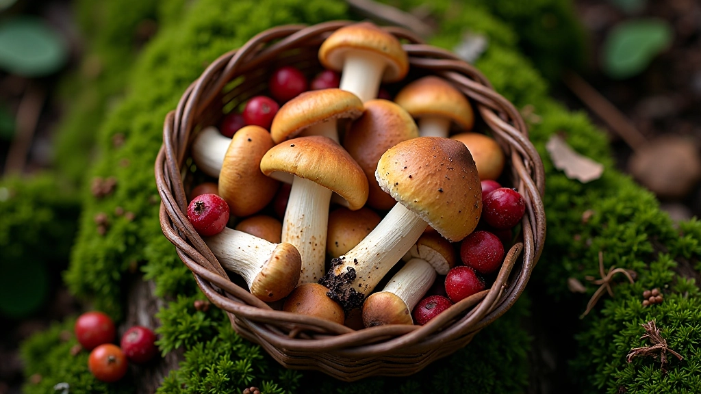 Išskirtinis grybavimo vadovas su medžio šakų ir nupjautų grybų detalėmis