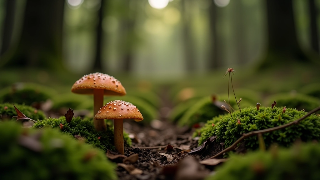 Slaptos grybavimo vietos peizažas su žemais augalais
