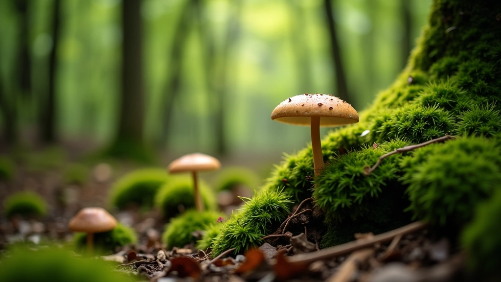 Pietinių šilų pakraščio miškas su samanomis ir grybų buitimi