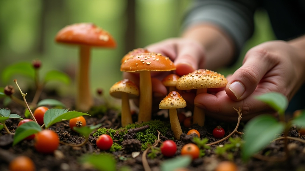 Grybai ir uogos gamtoje, smulkūs grybų ir uogų detales, realus miško grindinis